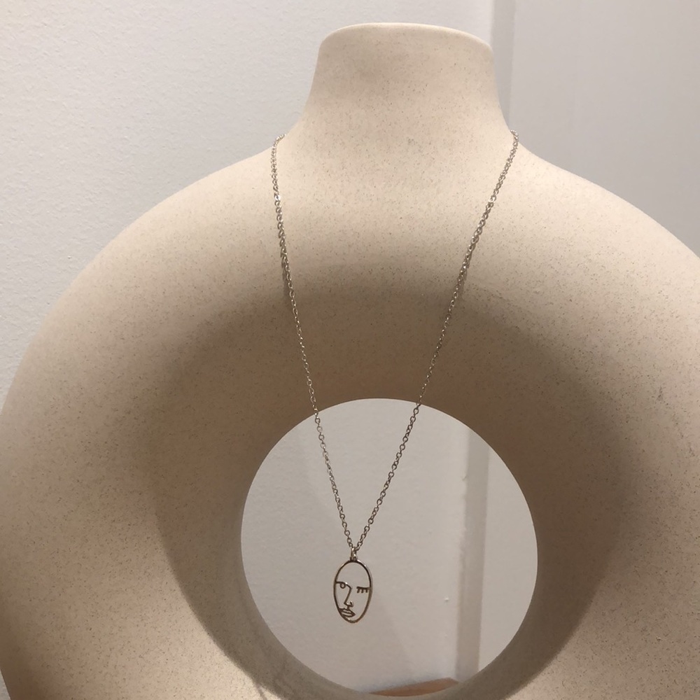 Vintage Abstract Face Necklace - Silver Tone
